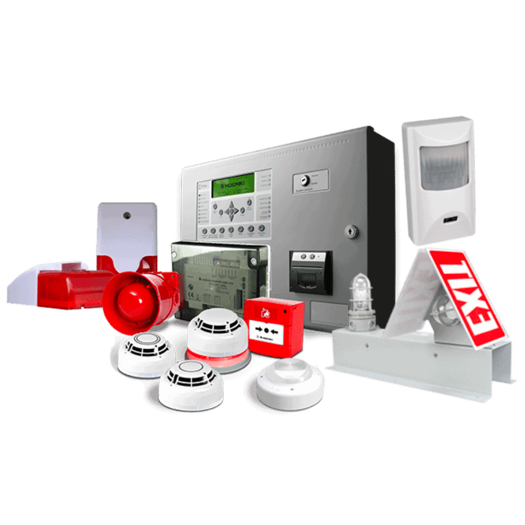 A complete fire safety system: control panel, sounders, beacons, manual call point, smoke and heat detectors, beam detector and exit signage